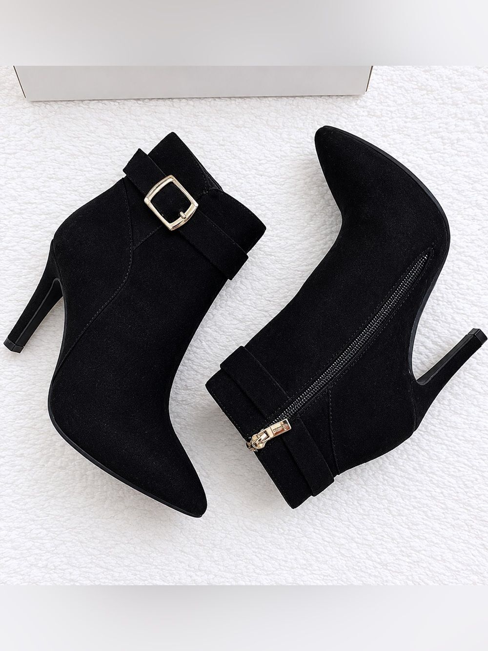 IDIFU Black Faux Suede Pointed Toe Ankle Booties Size 7.5 NWOB Heel Buckle - Picture 5 of 14